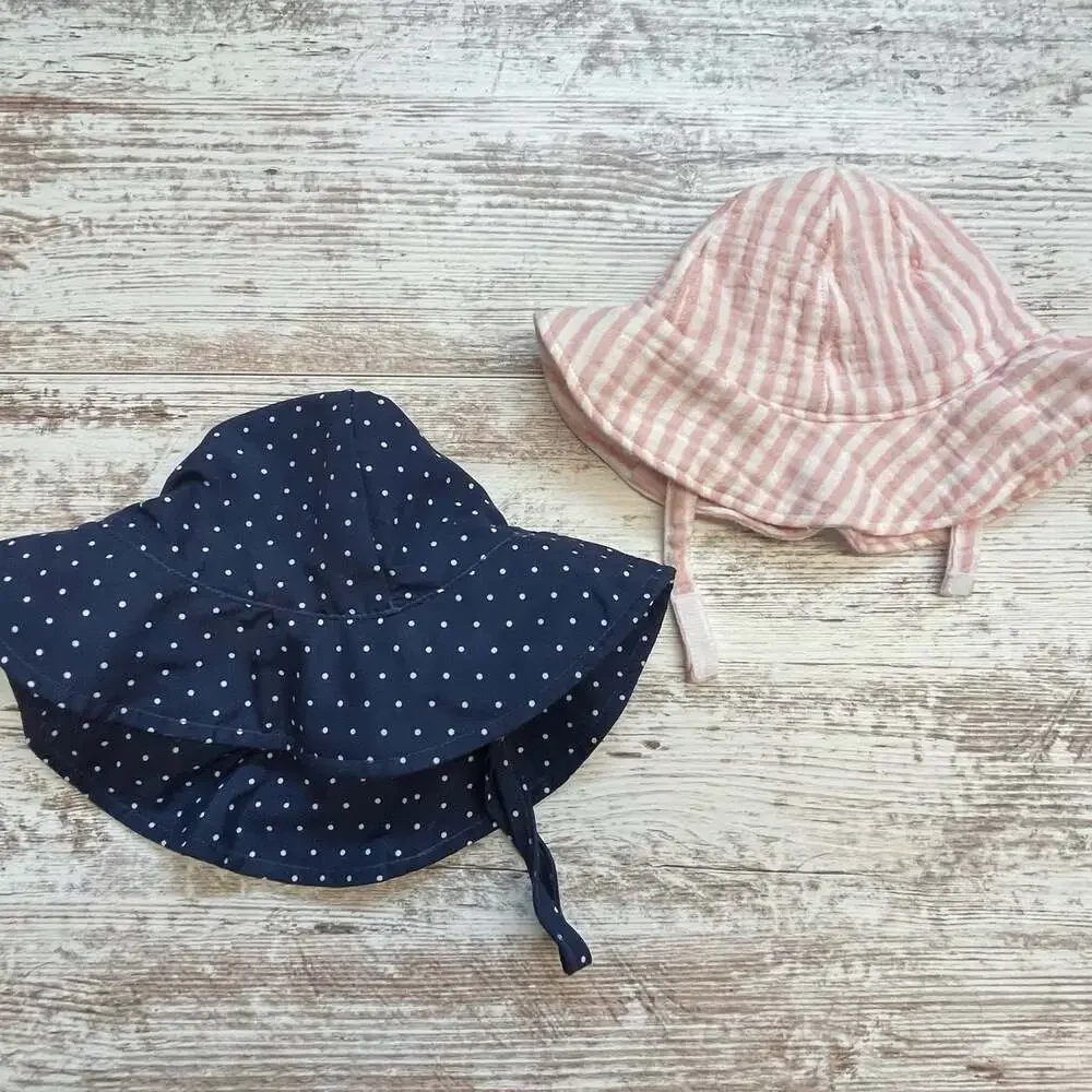 0-6m Baby Sunhat Pair Polkadots Stripes Pink Navy Blue